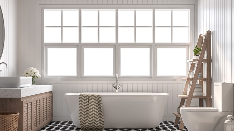 bathroom with large windows