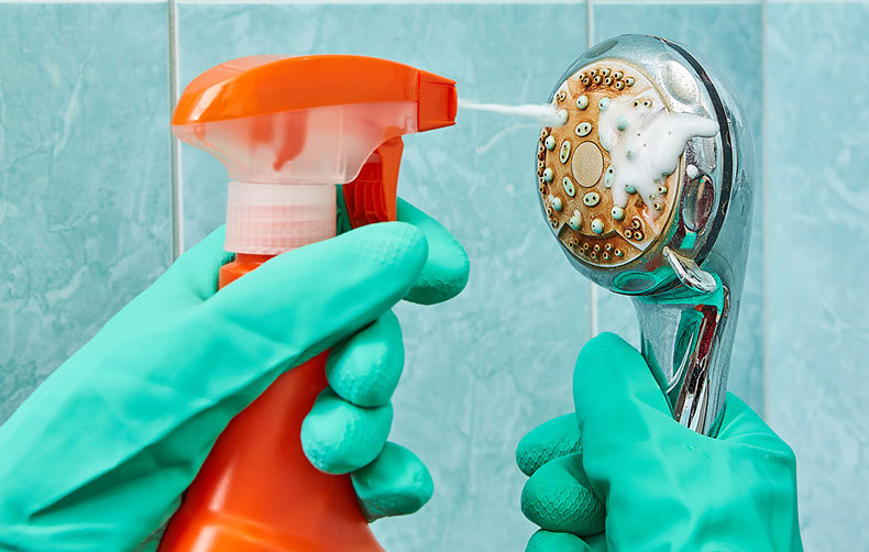 spraying cleaner onto shower head